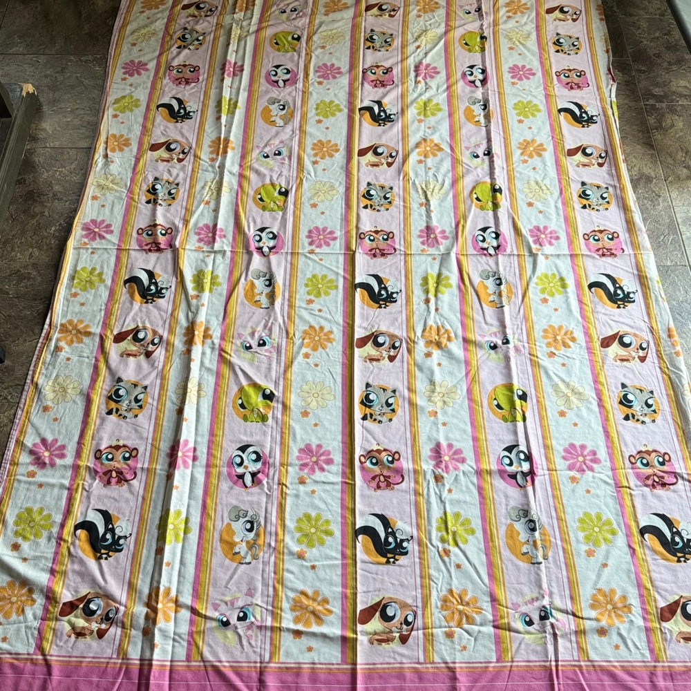 Y2K Vintage Littlest Pet Shop Twin Flat Sheet Pink Striped Floral Animal Print